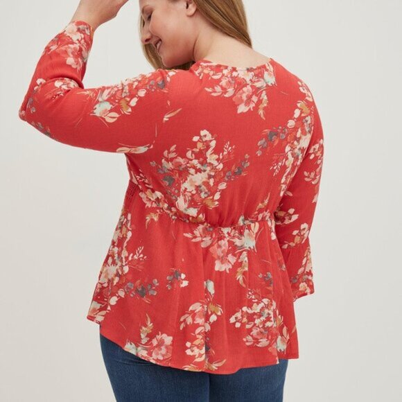 Torrid Floral Boho Babydoll Top Gauze Crochet Trim Lace-Up Bell Sleeves Size 3 - Picture 5 of 7